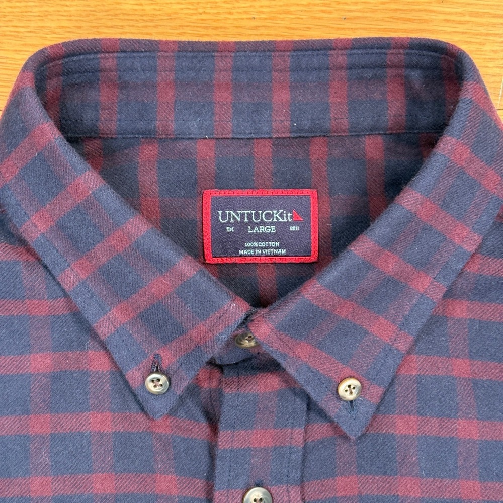 UNTUCKit Rully Navy Burgundy Plaid Flannel Shirt Mens Large Reg Fit - Picture 3 of 7